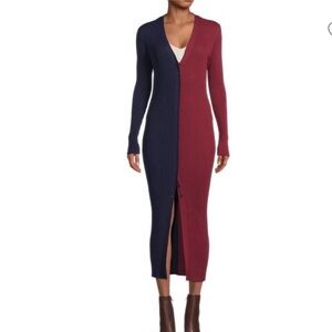 STAUD Two-Tone Ribbed Maxi Dress in Navy and Burgundy